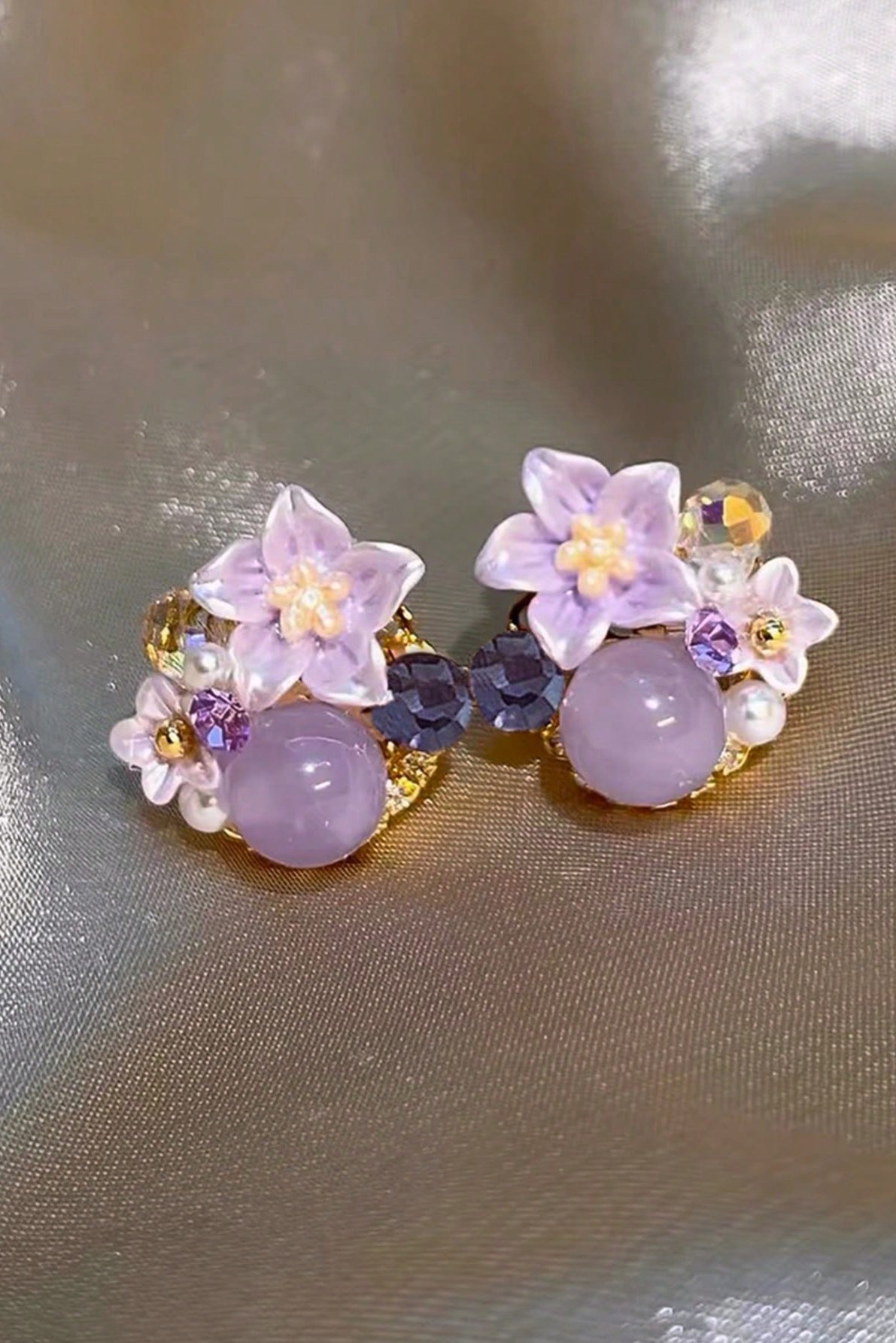 Dainty Purple Floral Crystal Pearl Stud Earrings Gold Jewelry