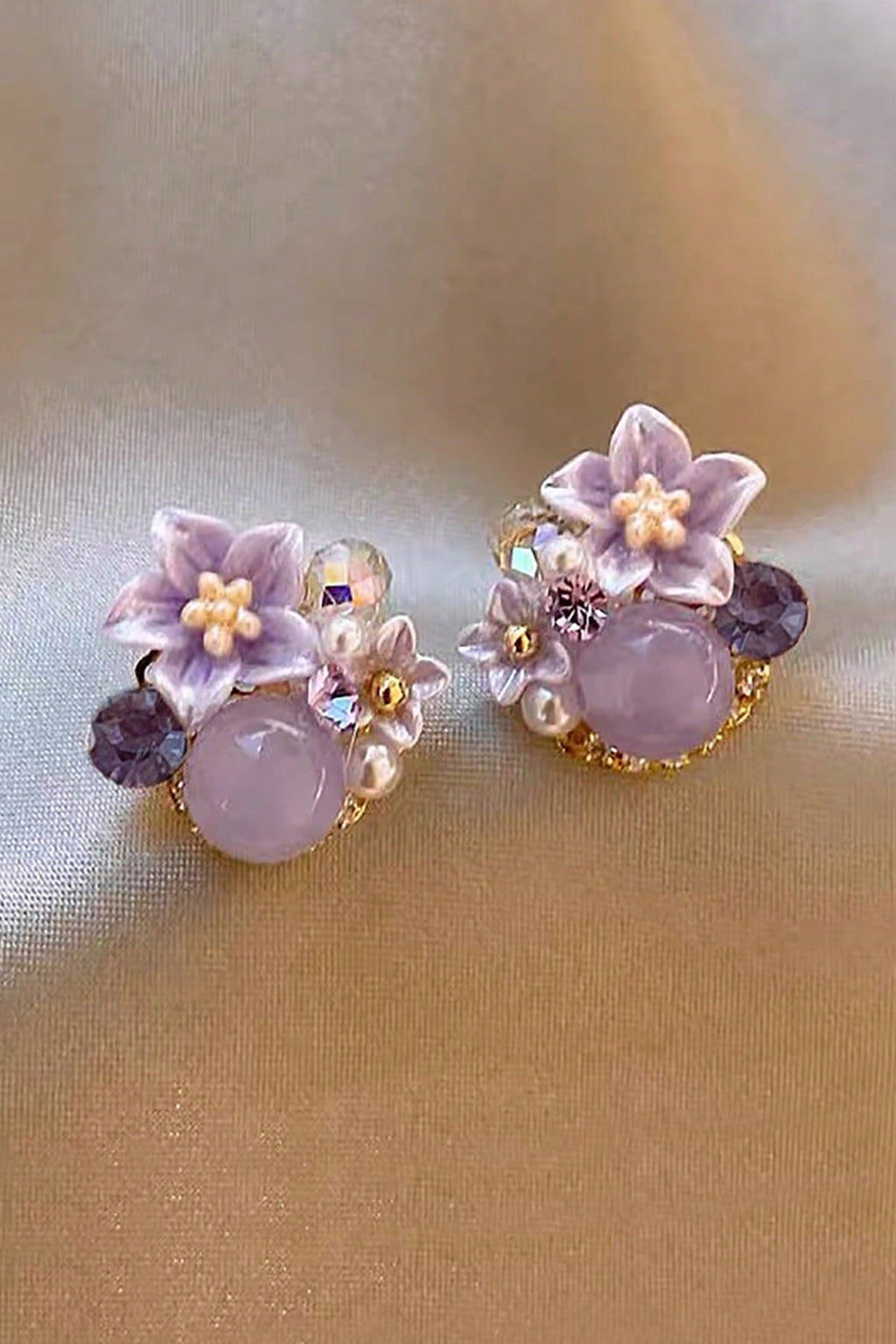 Dainty Purple Floral Crystal Pearl Stud Earrings Gold Jewelry