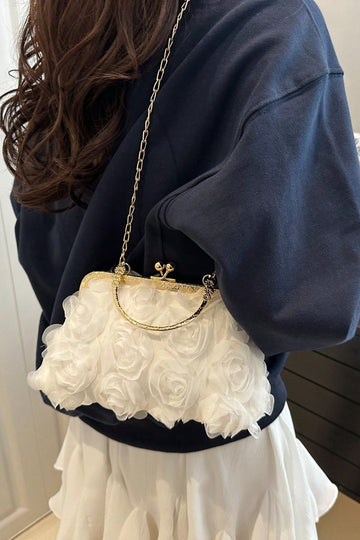 Pure White 3D Floral Kiss Lock Clutch with Gold Chain & Ring Handle
