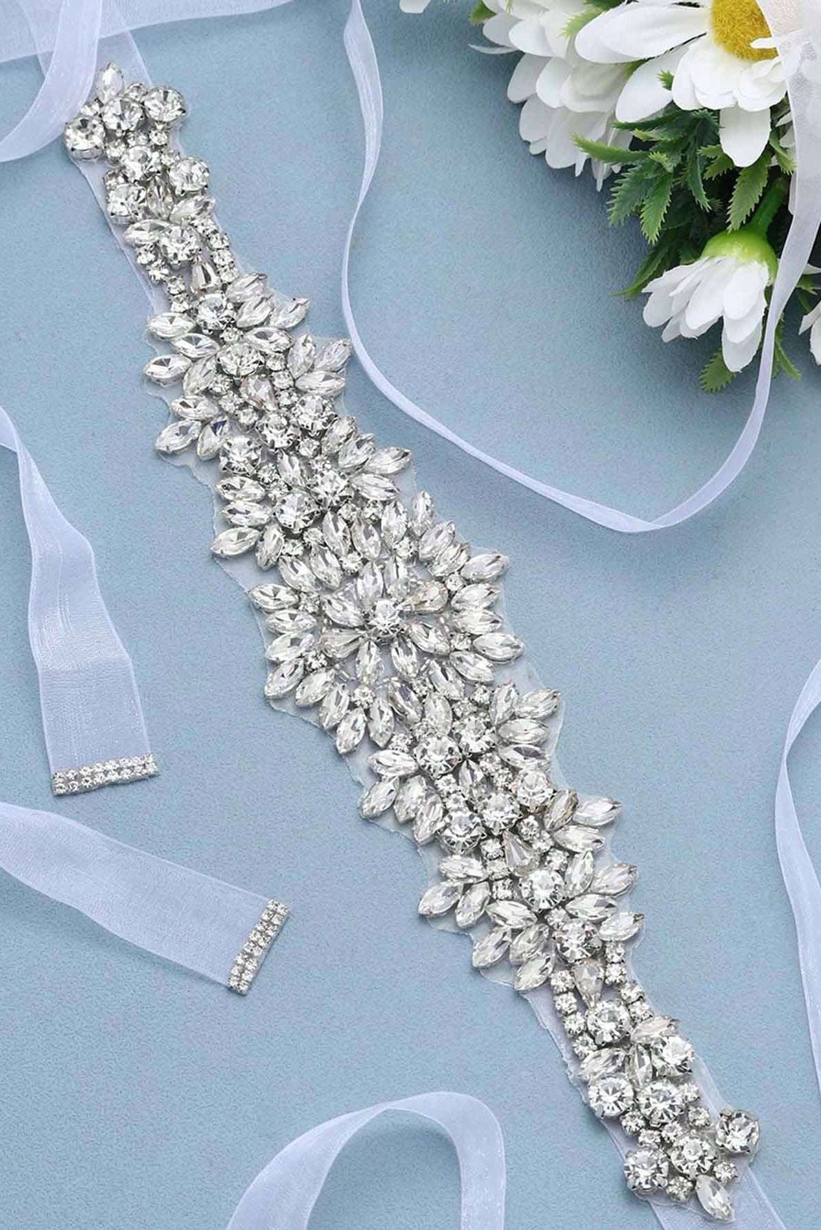 Floral Crystal Rhinestone Bridal Sash Adjustable White Ribbon Wedding Dress Belt