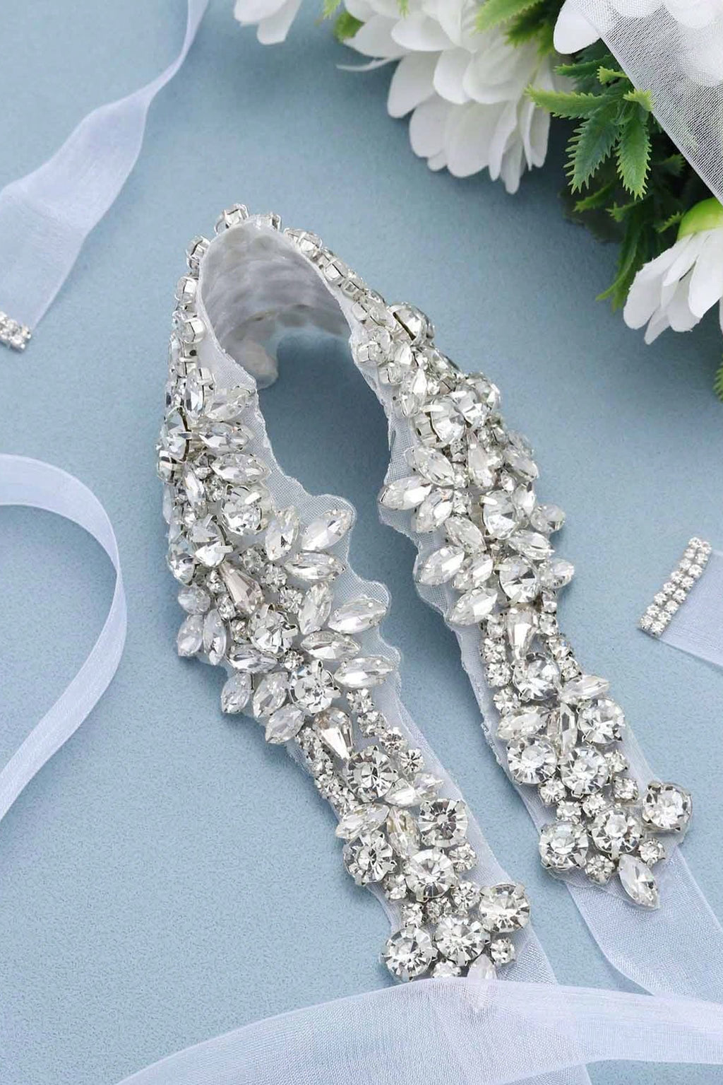 Floral Crystal Rhinestone Bridal Sash Adjustable White Ribbon Wedding Dress Belt