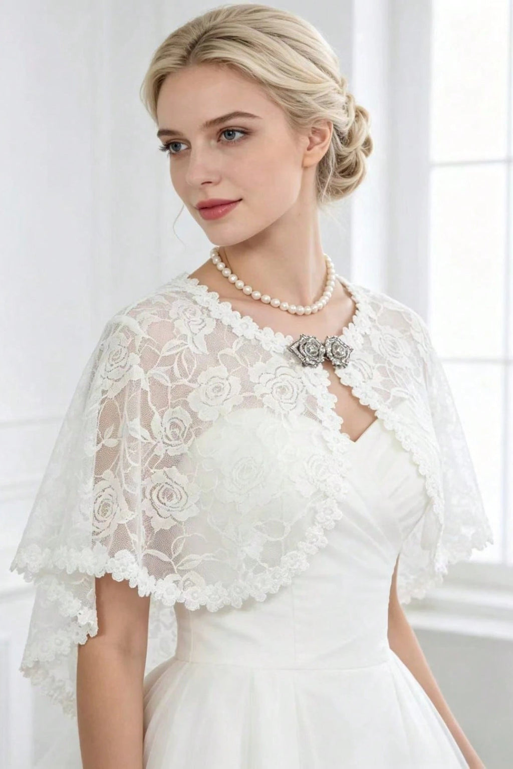 Rose Lace Bridal Cape Rhinestone Clasp Shoulder Shrug