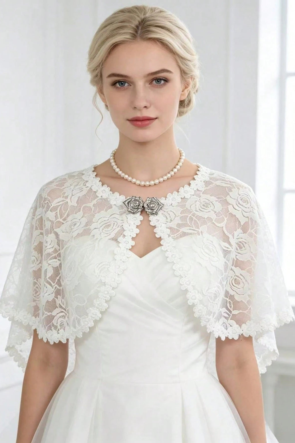 Rose Lace Bridal Cape Rhinestone Clasp Shoulder Shrug