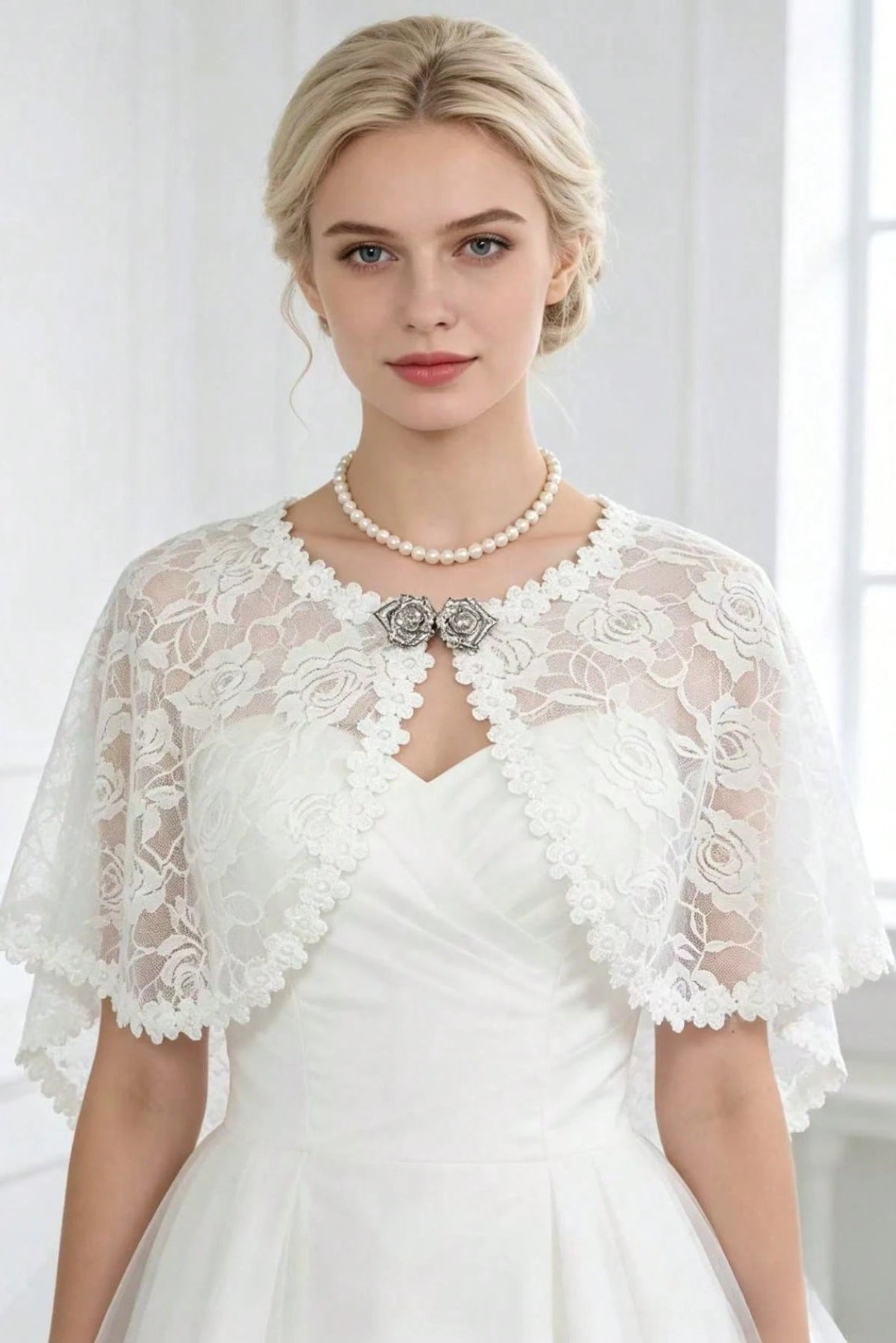 Rose Lace Bridal Cape Rhinestone Clasp Shoulder Shrug