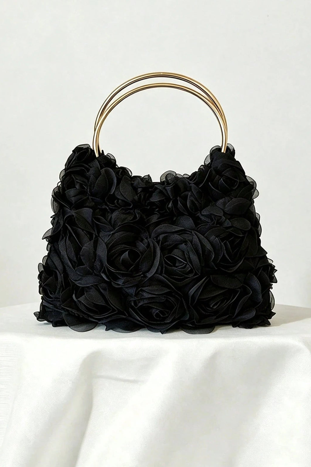 Black 3D Organza Rose Handbag Double Gold Metal Ring Handle Floral Evening Wedding Clutch Purse