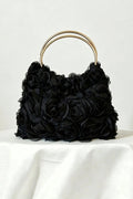 Black 3D Organza Rose Handbag Double Gold Metal Ring Handle Floral Evening Wedding Clutch Purse
