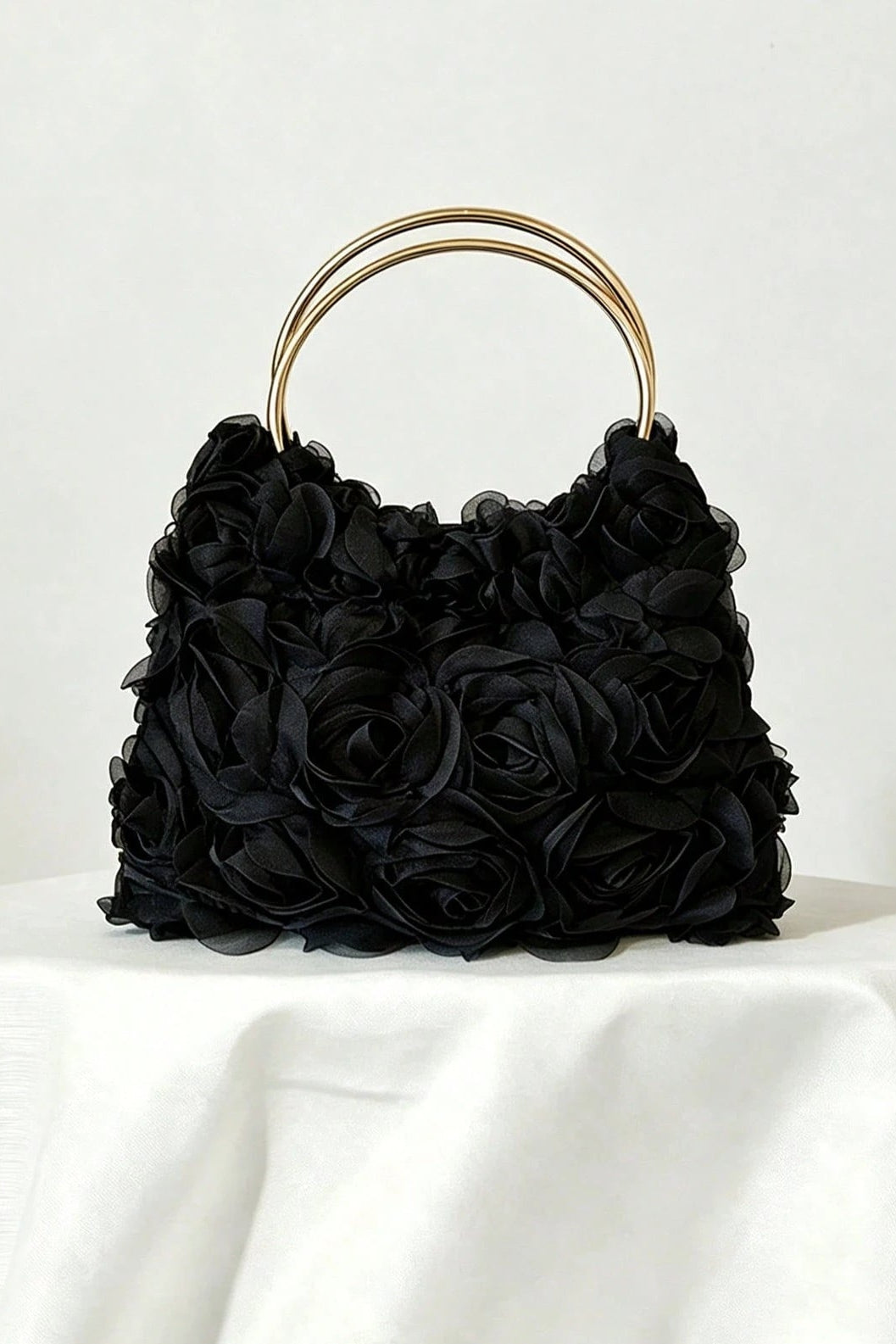 Black 3D Organza Rose Handbag Double Gold Metal Ring Handle Floral Evening Wedding Clutch Purse
