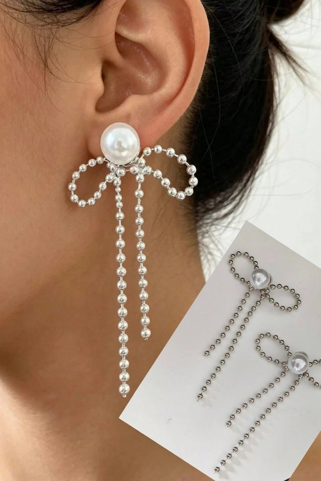 Pearl Beaded Bow Long Tassel Drop Earrings Gold Fashion Jewelry