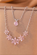 Dual Layer Pink Crystal Flower Clover Necklace Two Tone Option