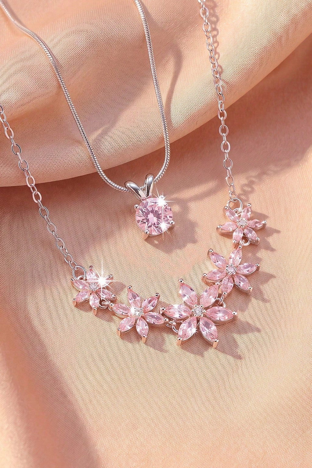 Dual Layer Pink Crystal Flower Clover Necklace Two Tone Option