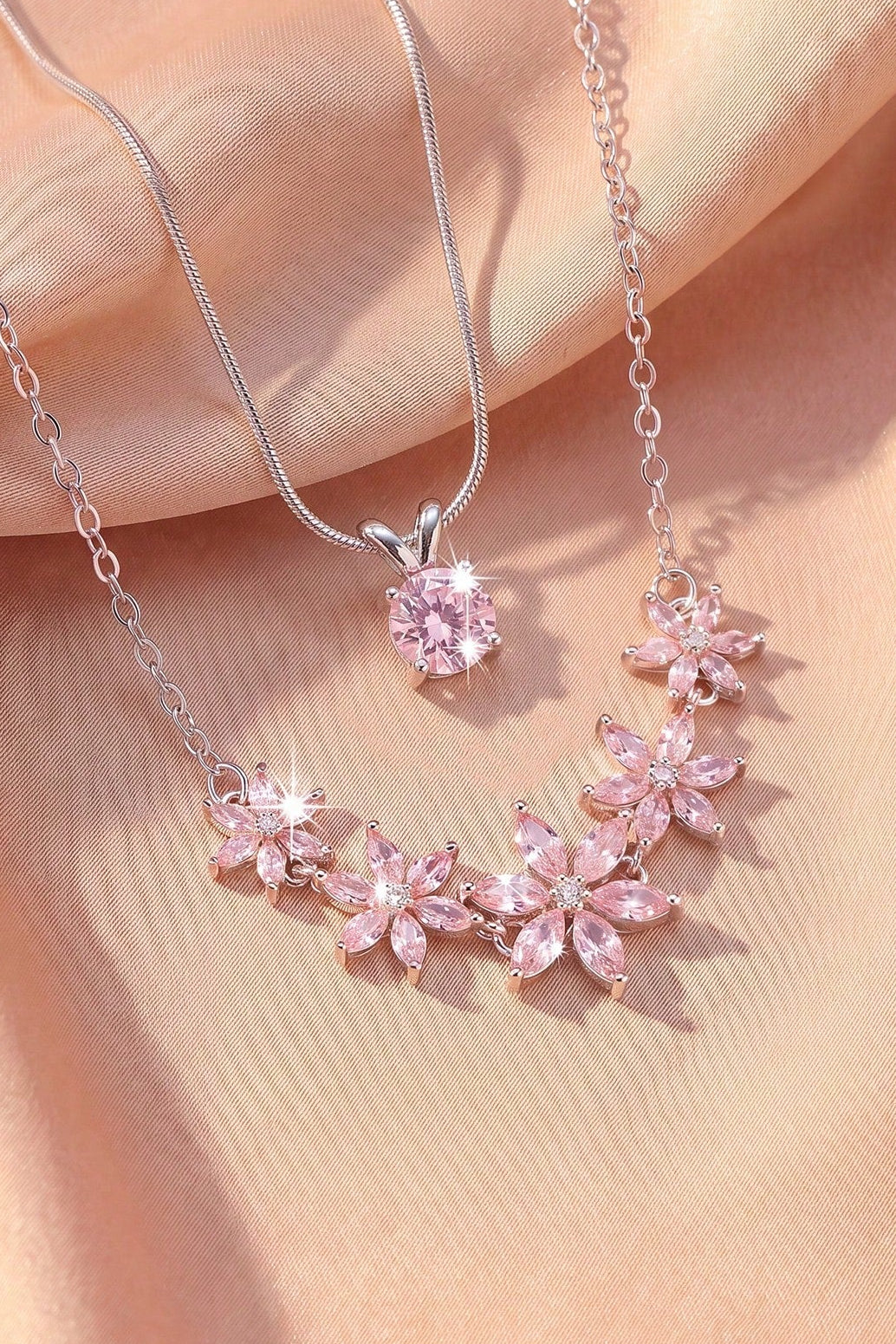 Dual Layer Pink Crystal Flower Clover Necklace Two Tone Option