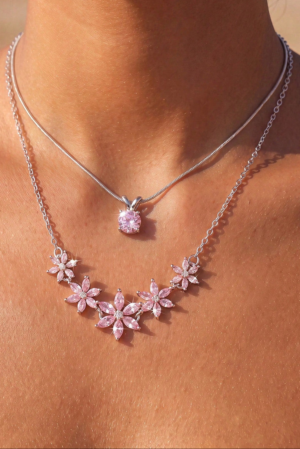 Dual Layer Pink Crystal Flower Clover Necklace Two Tone Option