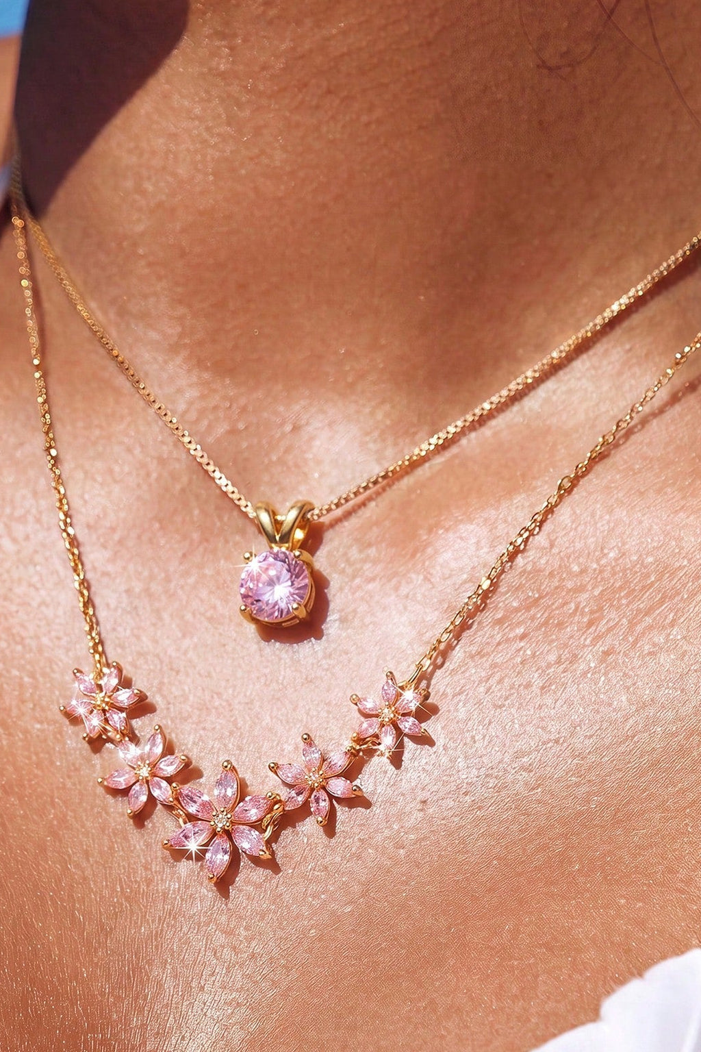 Dual Layer Pink Crystal Flower Clover Necklace Two Tone Option