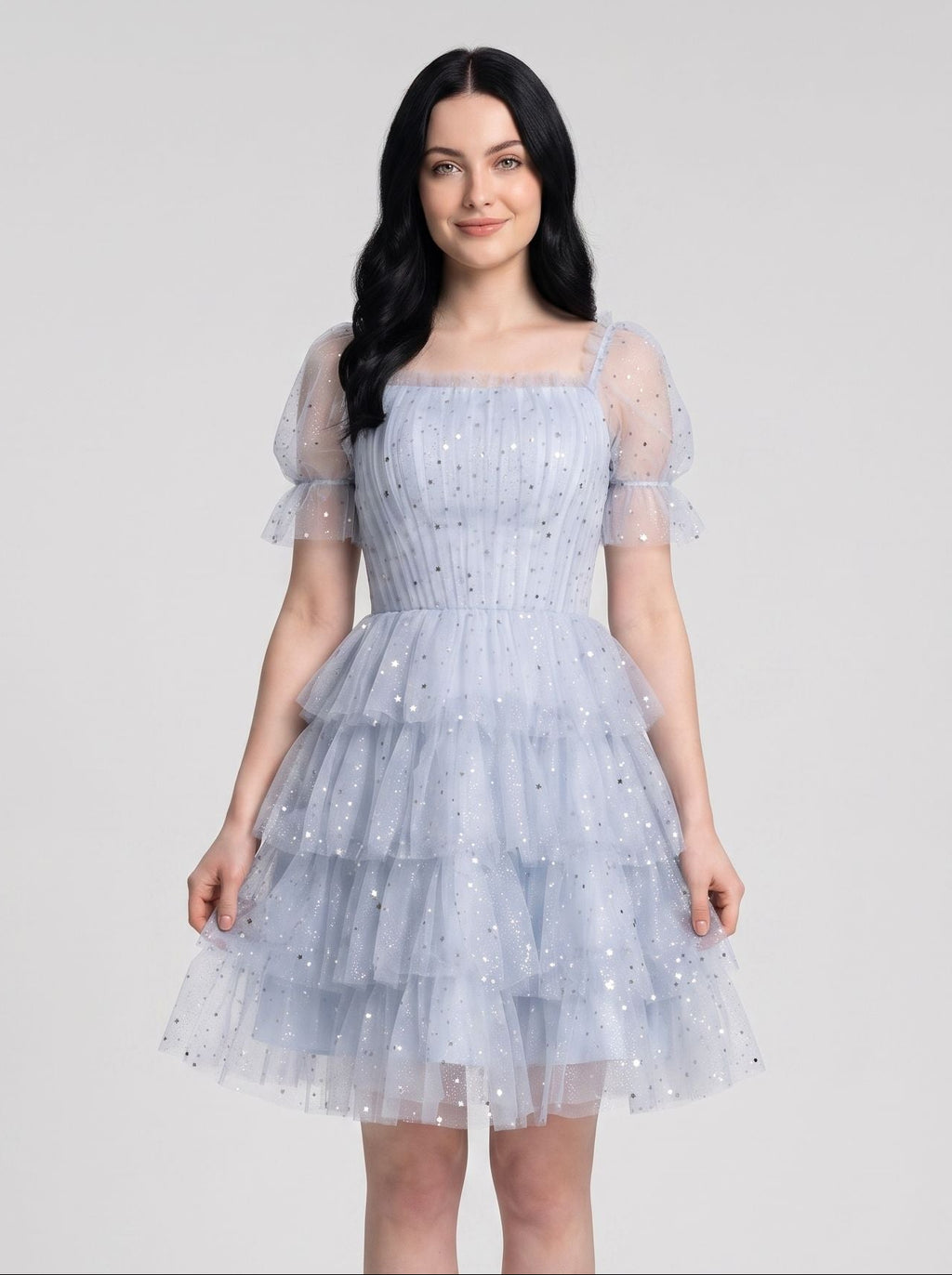 Mist Tulle A-Line Square Neck Back Zip Short Dress with Tiered Tulle Layers