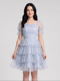 Mist Tulle A-Line Square Neck Back Zip Short Dress with Tiered Tulle Layers