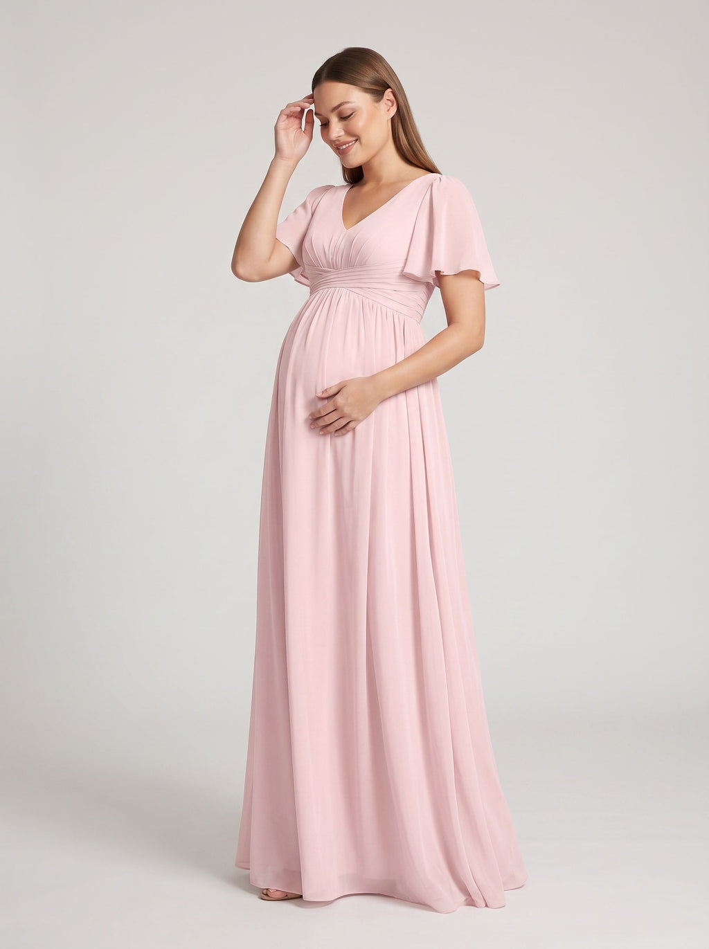 Blushing Pink Chiffon A-Line V-Neck Back Zip Ankle-Length Maternity Bridesmaid Dress