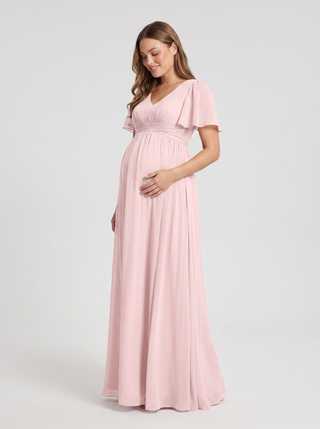 Blushing Pink Chiffon A-Line V-Neck Back Zip Ankle-Length Maternity Bridesmaid Dress
