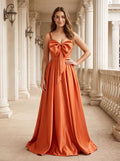 Orange Satin A-Line V-Neck Lace-up Floor-Length Dress with Pleated Bodice