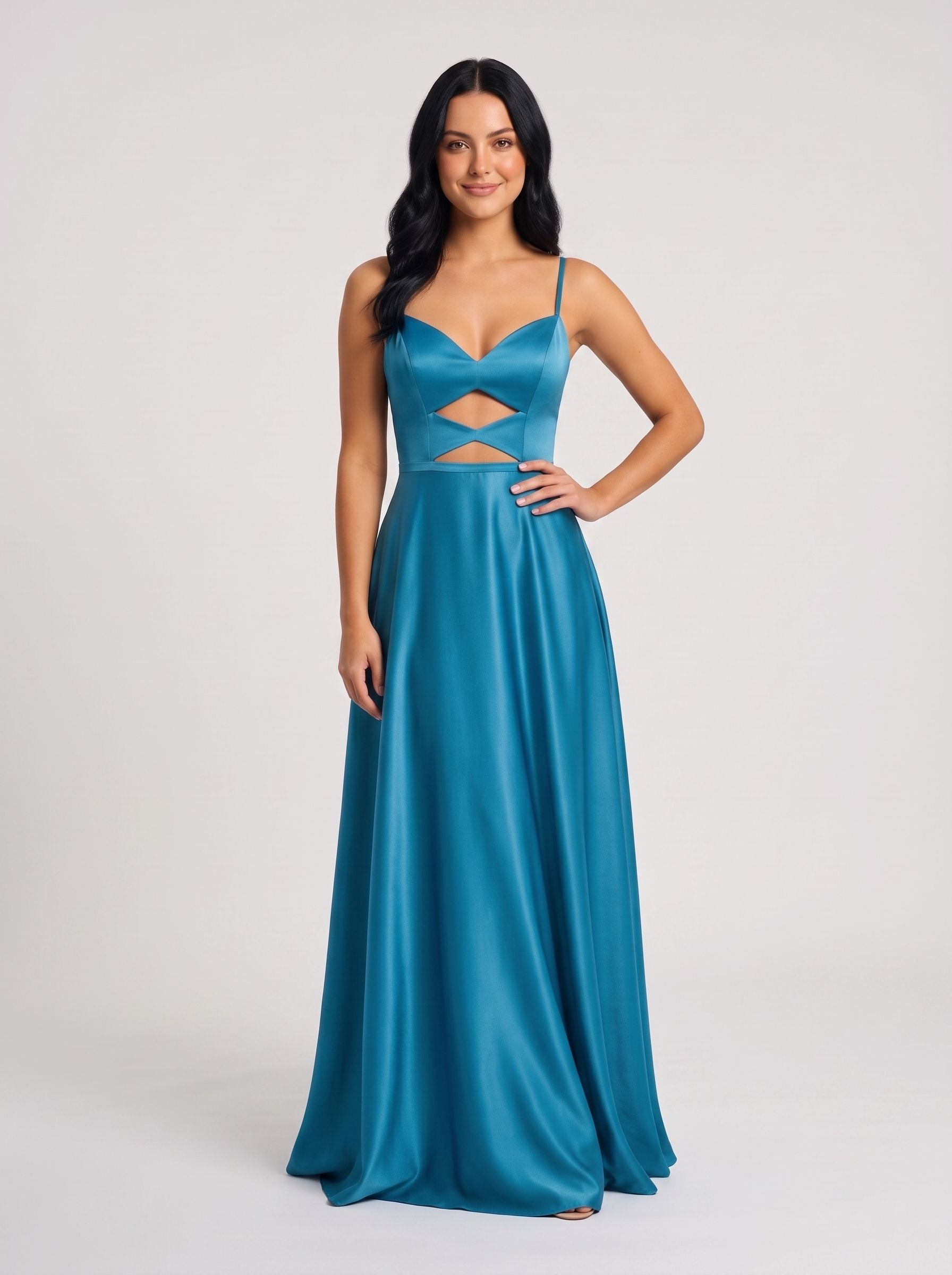 Peacock Blue Satin A-Line V-Neck Back Zip Floor-Length Dress with Spaghetti Straps