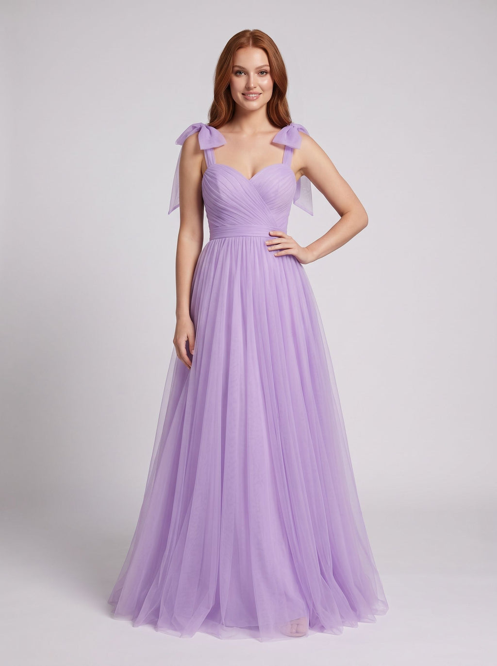 Lavender Tulle A-Line Sweetheart Backless Floor-Length Dress with Bow Shoulder Ties