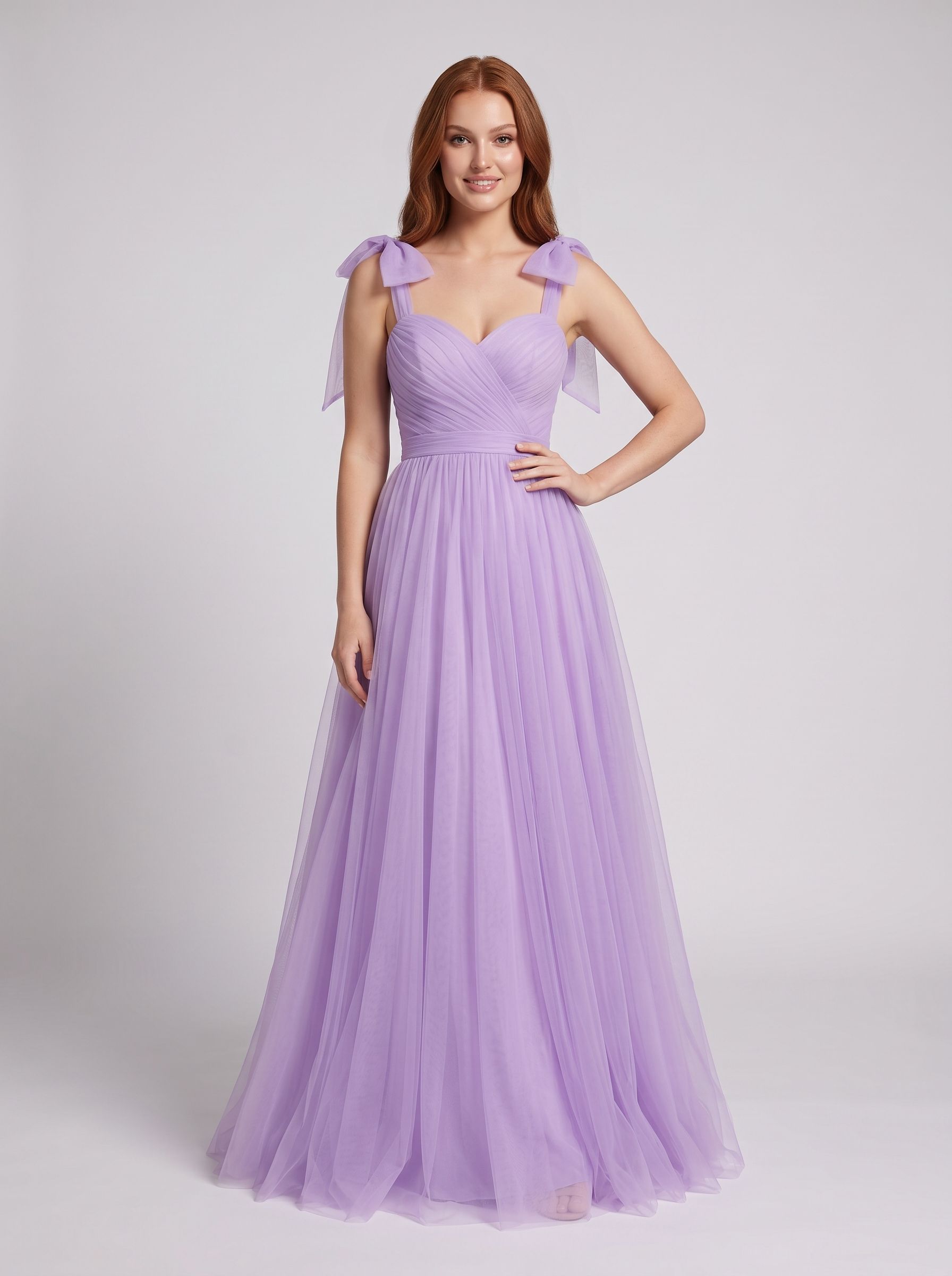 Lavender Tulle A-Line Sweetheart Backless Floor-Length Dress with Bow Shoulder Ties