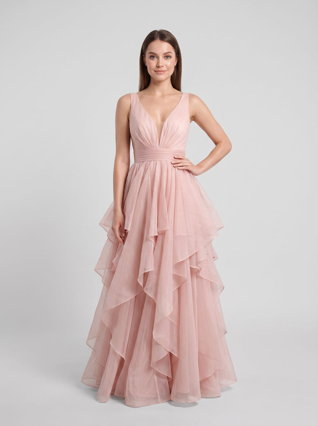 Blushing Pink Tulle A-Line V-Neck Back Zip Floor-Length Dress with Tiered Tulle