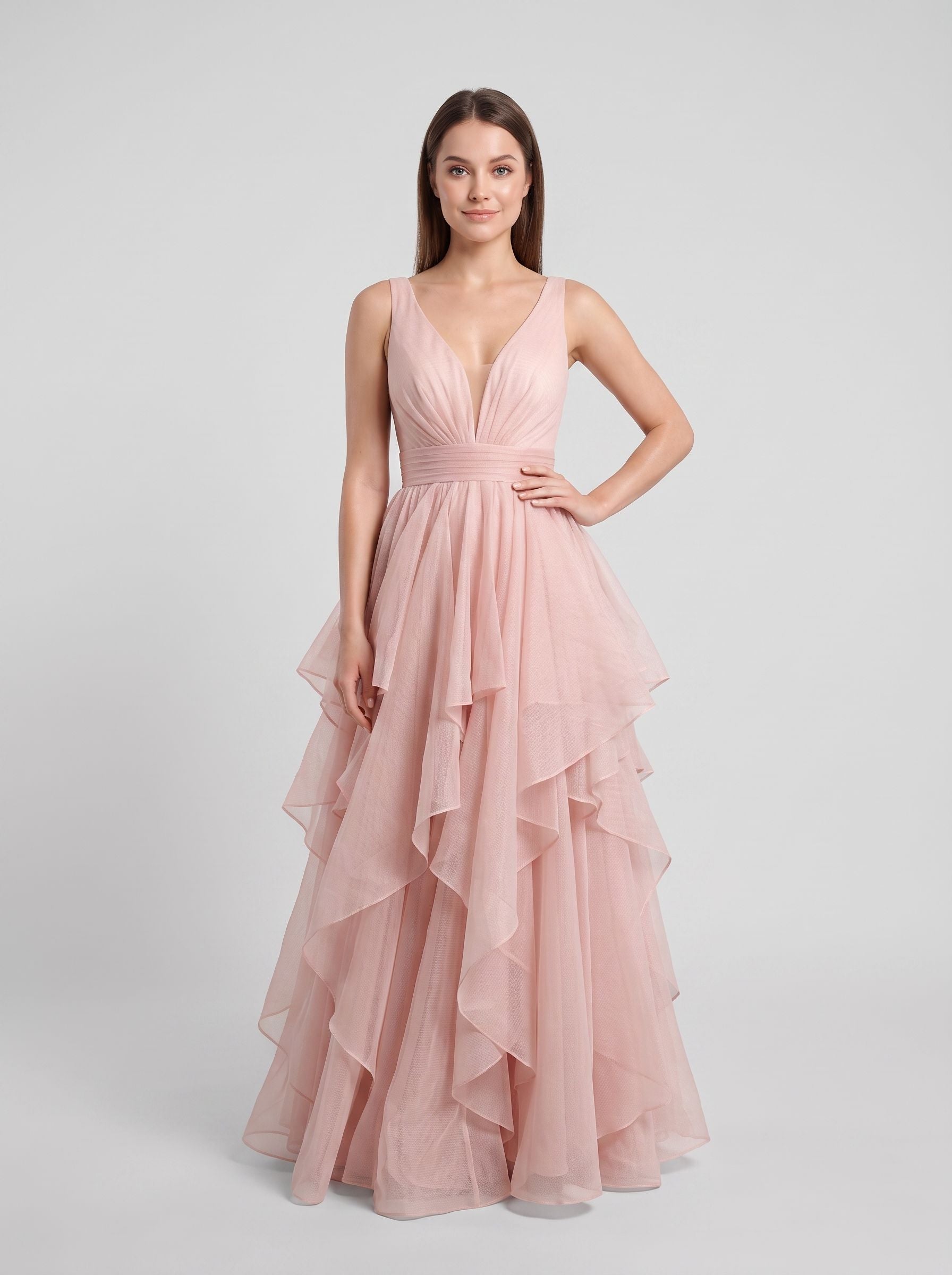 Blushing Pink Tulle A-Line V-Neck Back Zip Floor-Length Dress with Tiered Tulle