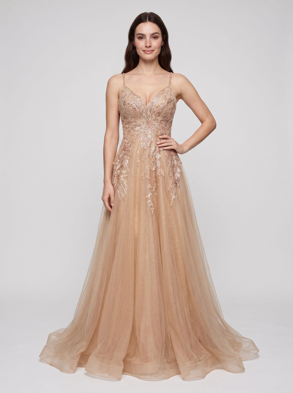Champagne Tulle A-Line V-Neck Lace-up Floor-Length Dress with Beaded Corset