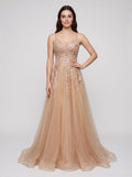 Champagne Tulle A-Line V-Neck Lace-up Floor-Length Dress with Beaded Corset