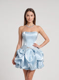 Sky Blue Satin Bubble Straight Across Lace-Up Back Mini Dress