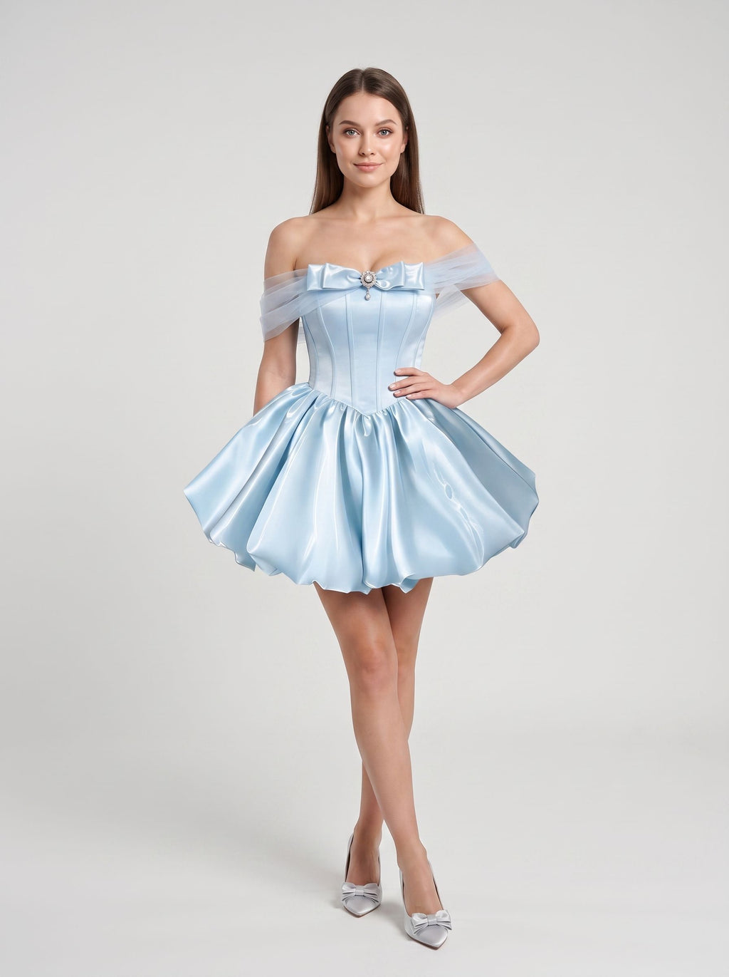 Sky Blue Satin and Mesh A-Line Off-the-Shoulder Back Zip Mini Dress