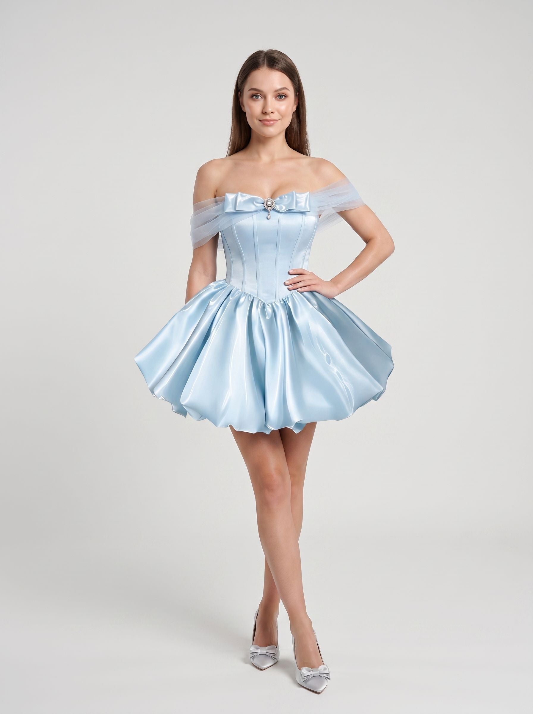Sky Blue Satin and Mesh A-Line Off-the-Shoulder Back Zip Mini Dress