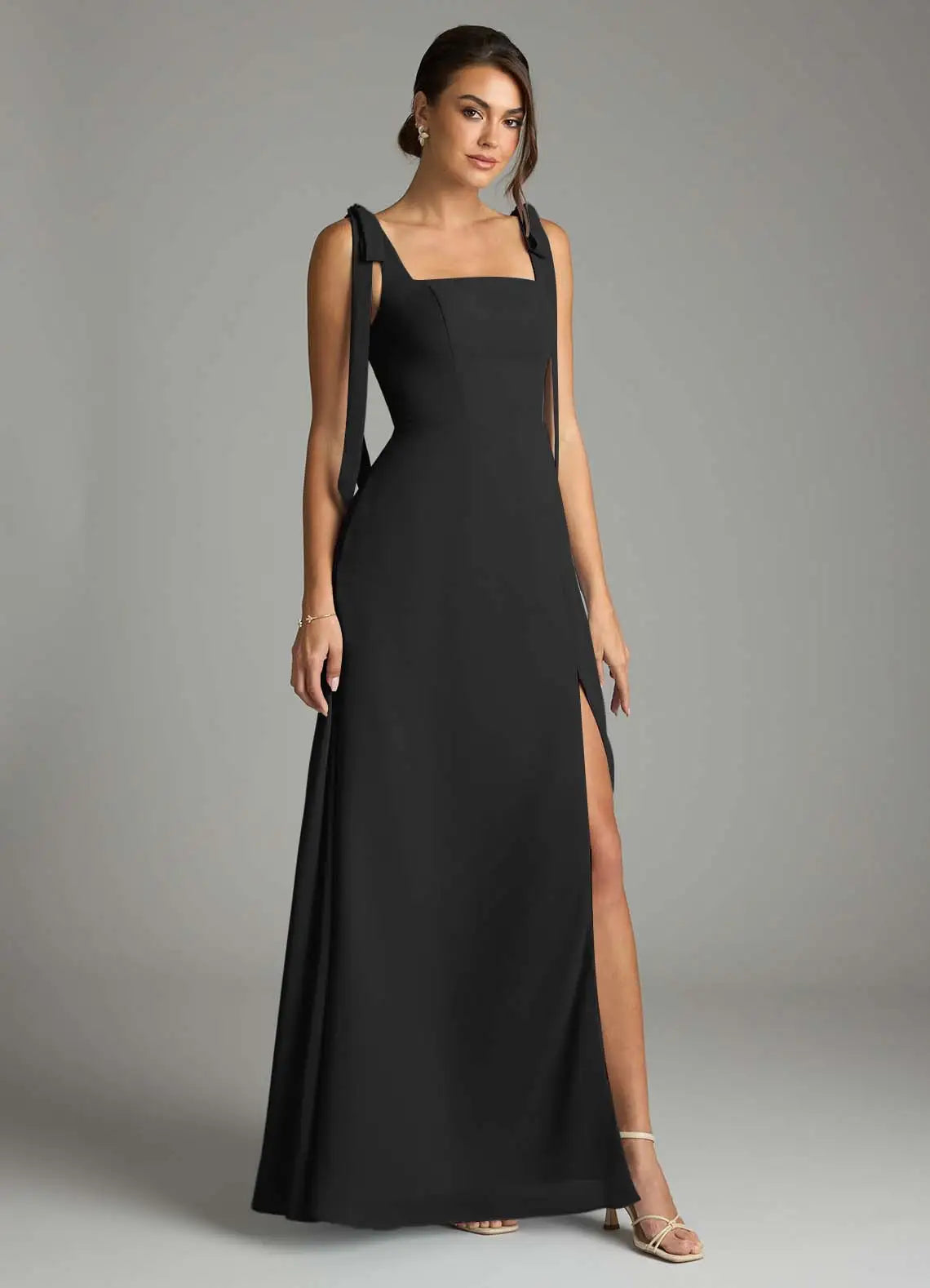 Chic Bridesmaid Dress with Square Neckline, Tie Shoulder Straps and Side Slit