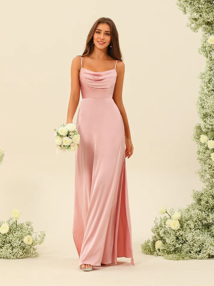 Satin Spaghetti-Strap Cowl Neck Ruched Bodice High-Slit Mermaid Floor-Length Blush Pink Bridesmaid Dresses