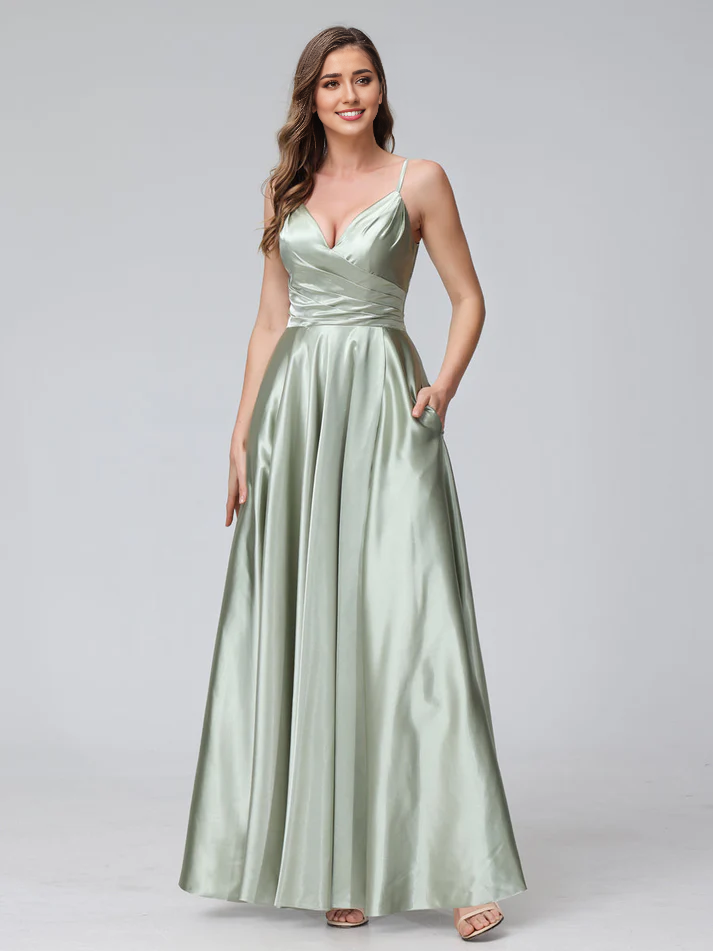 Satin Spaghetti-Strap Sweetheart Neckline Ruched Side A-Line Floor-Length Elegant Bridesmaid Dress