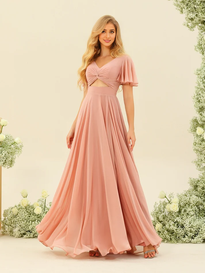 Chiffon Flutter-Sleeve V-Neck Ruched Bodice Tiered A-Line Floor-Length Dusty Rose Bridesmaid Dresses