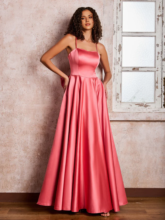 Satin Spaghetti-Strap Square Neck Back Bow Detail A-Line Floor-Length Bridesmaid Dresses