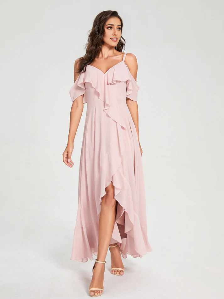 Chiffon Cold-Shoulder Spaghetti-Strap High-Slit Asymmetrical Floor-Length Stylish Bridesmaid Dress