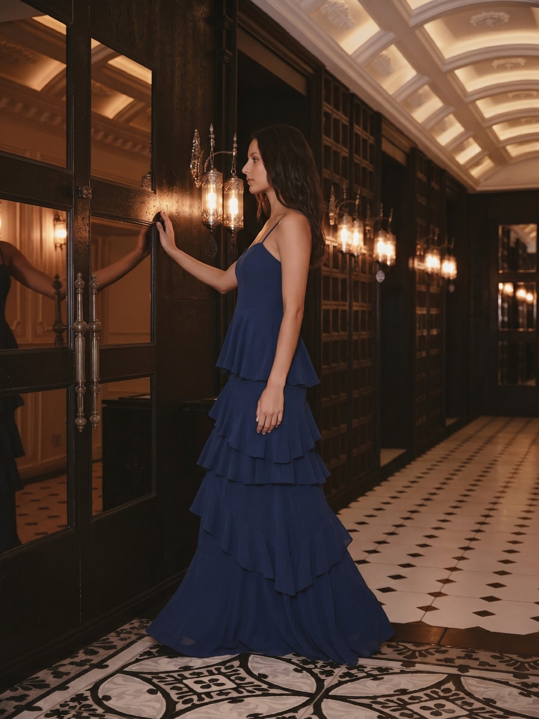 Navy Blue Chiffon A-Line Sweetheart Back Zip Floor-Length Bridesmaid Dress with Cascading Ruffles