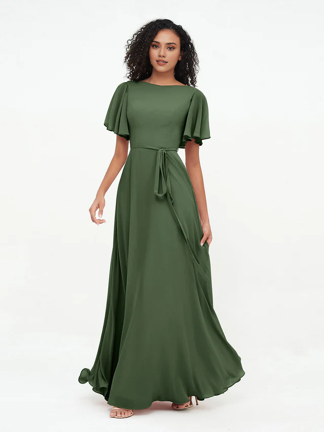 Chiffon Short-Sleeve Boat Neck Tie-Waist A-Line Floor-Length Bridesmaid Dresses