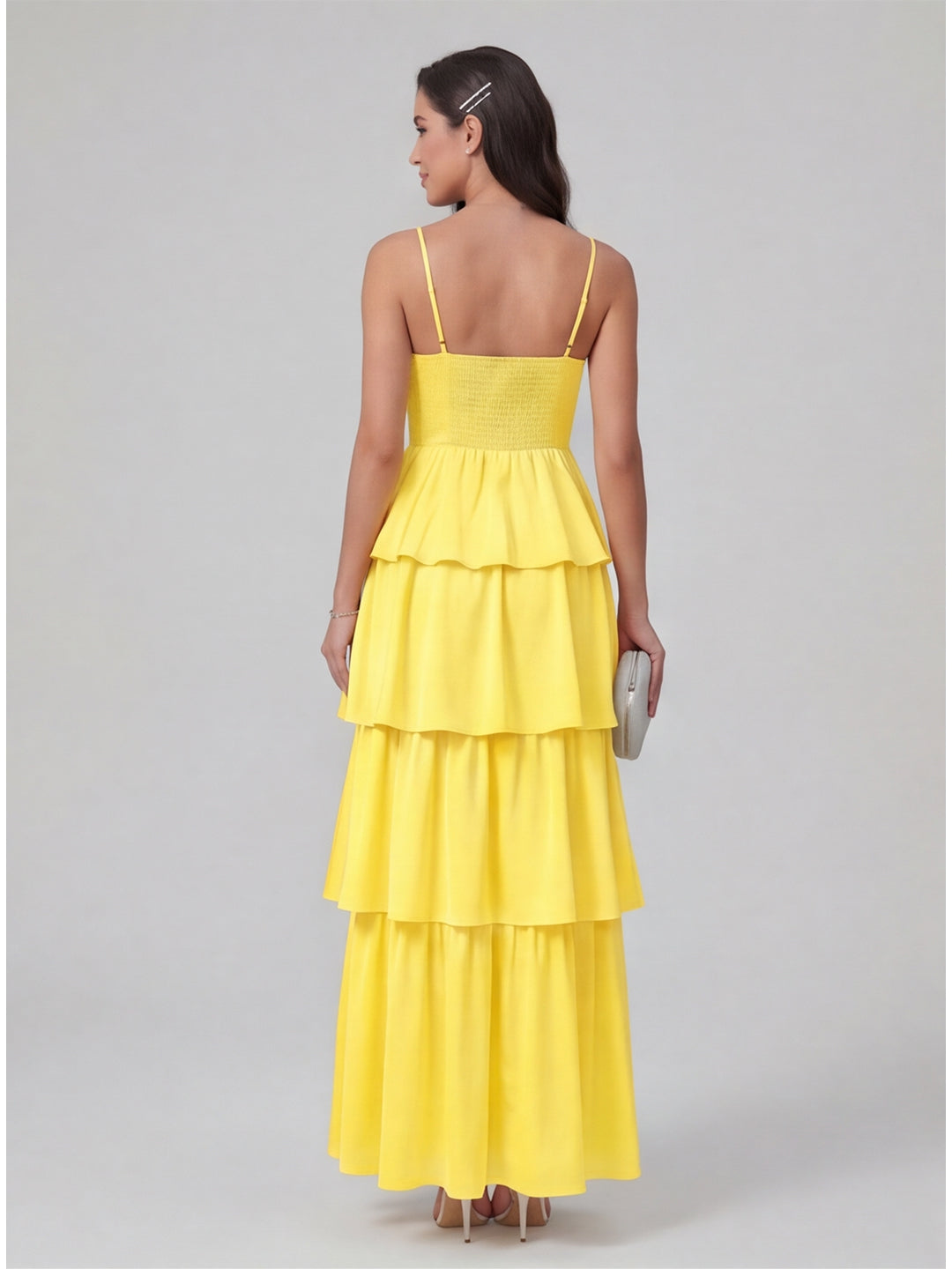 Coquette Lemon Chiffon A-Line Square Neck Backless with Cascading Ruffles Ankle-Length Bridesmaid Dress
