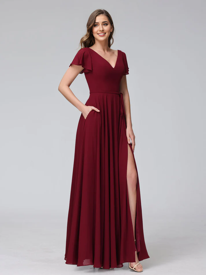 Satin Short-Sleeve V-Neck Ruched Bodice High-Slit A-Line Floor-Length Burgundy Romantic Bridesmaid Dress