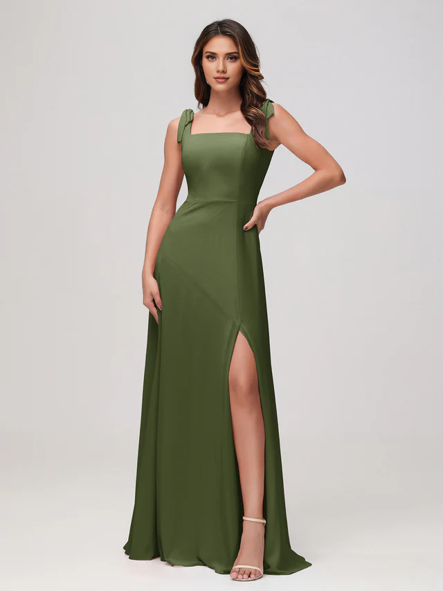 Satin Square Neck Spaghetti-Strap Ruched Bodice High-Slit Sheath Floor-Length Bridesmaid Dresses