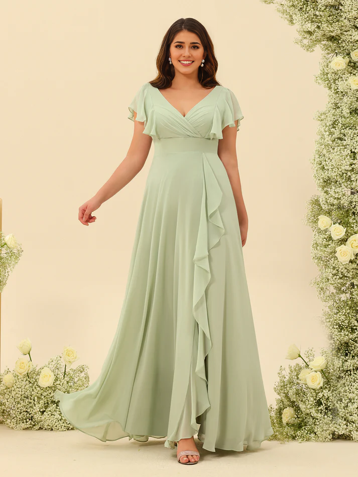 Chiffon Ruffle V-neck Short sleeved Bridesmaid Dress