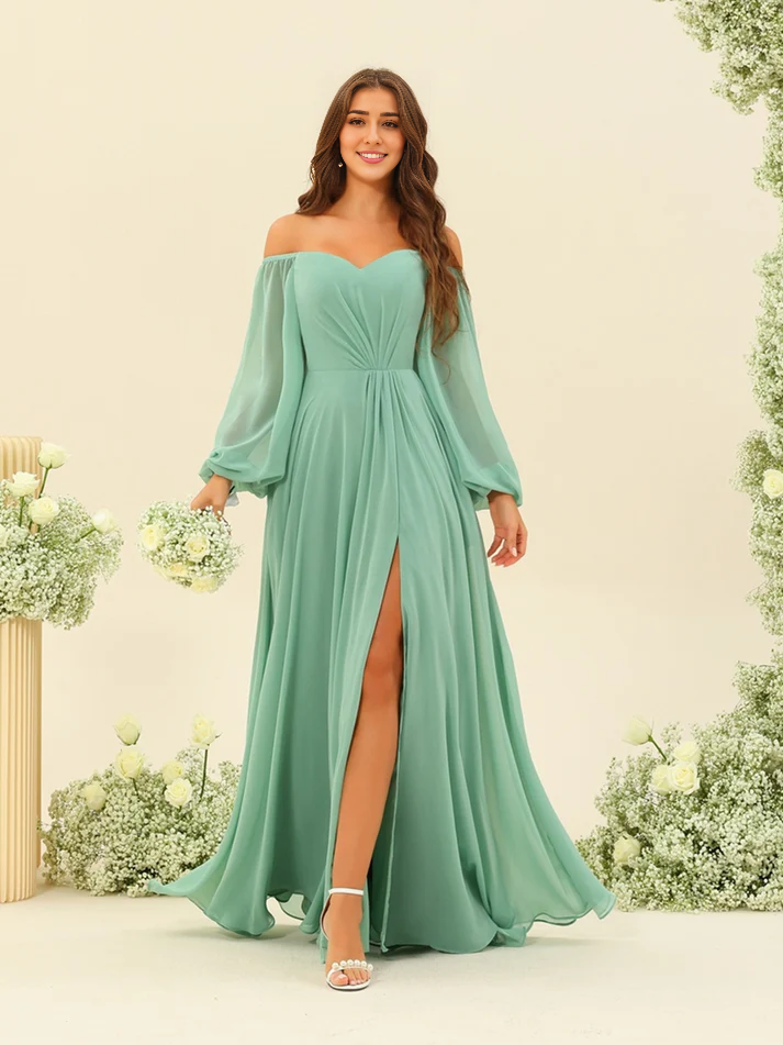 Chiffon Off-the-Shoulder Long-Sleeve Ruched Bodice High-Slit A-Line Floor-Length Romantic Bridesmaid Dress