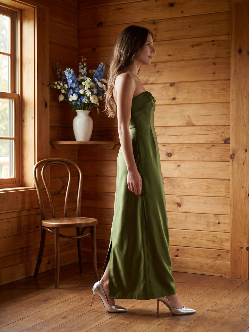 Olive Green Satin Sheath Off-the-Shoulder Backless Floor-Length Bridesmaid Dress