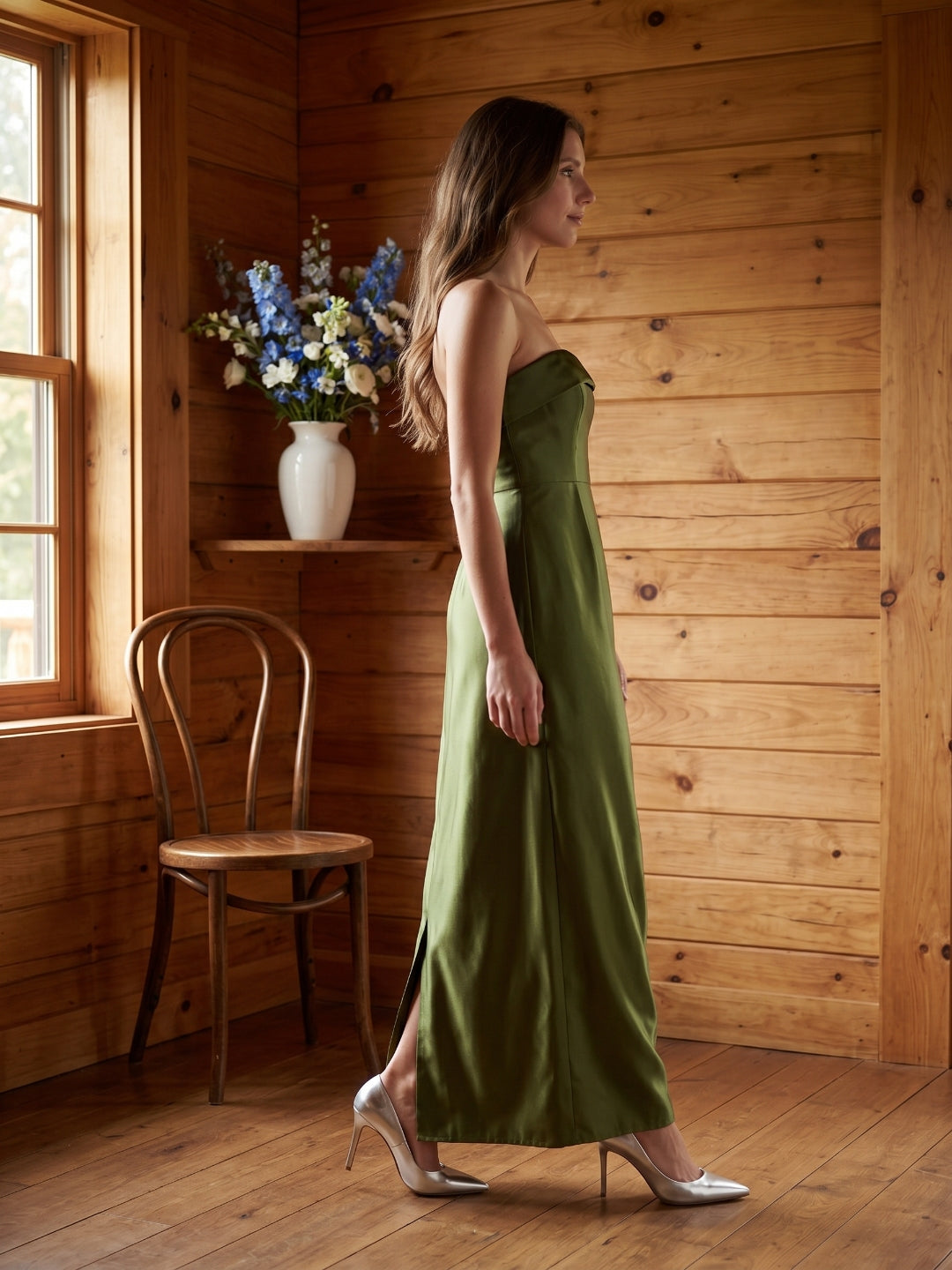Olive Green Satin Sheath Off-the-Shoulder Backless Floor-Length Bridesmaid Dress