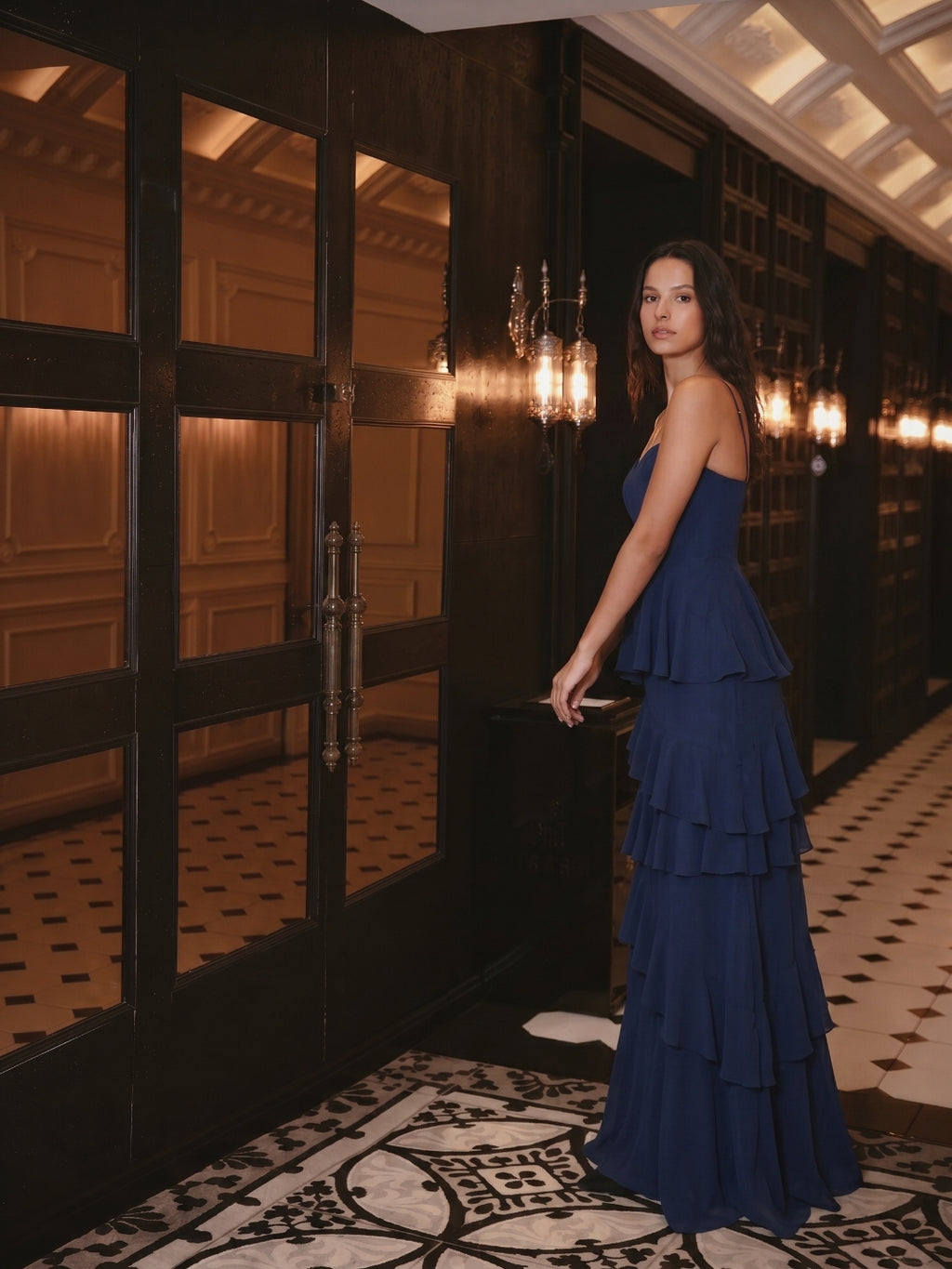Navy Blue Chiffon A-Line Sweetheart Back Zip Floor-Length Bridesmaid Dress with Cascading Ruffles