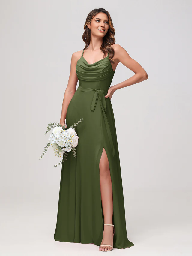 Chiffon Spaghetti-Strap Sweetheart Neckline Ruched Bodice High-Slit A-Line Floor-Length Bridesmaid Dresses