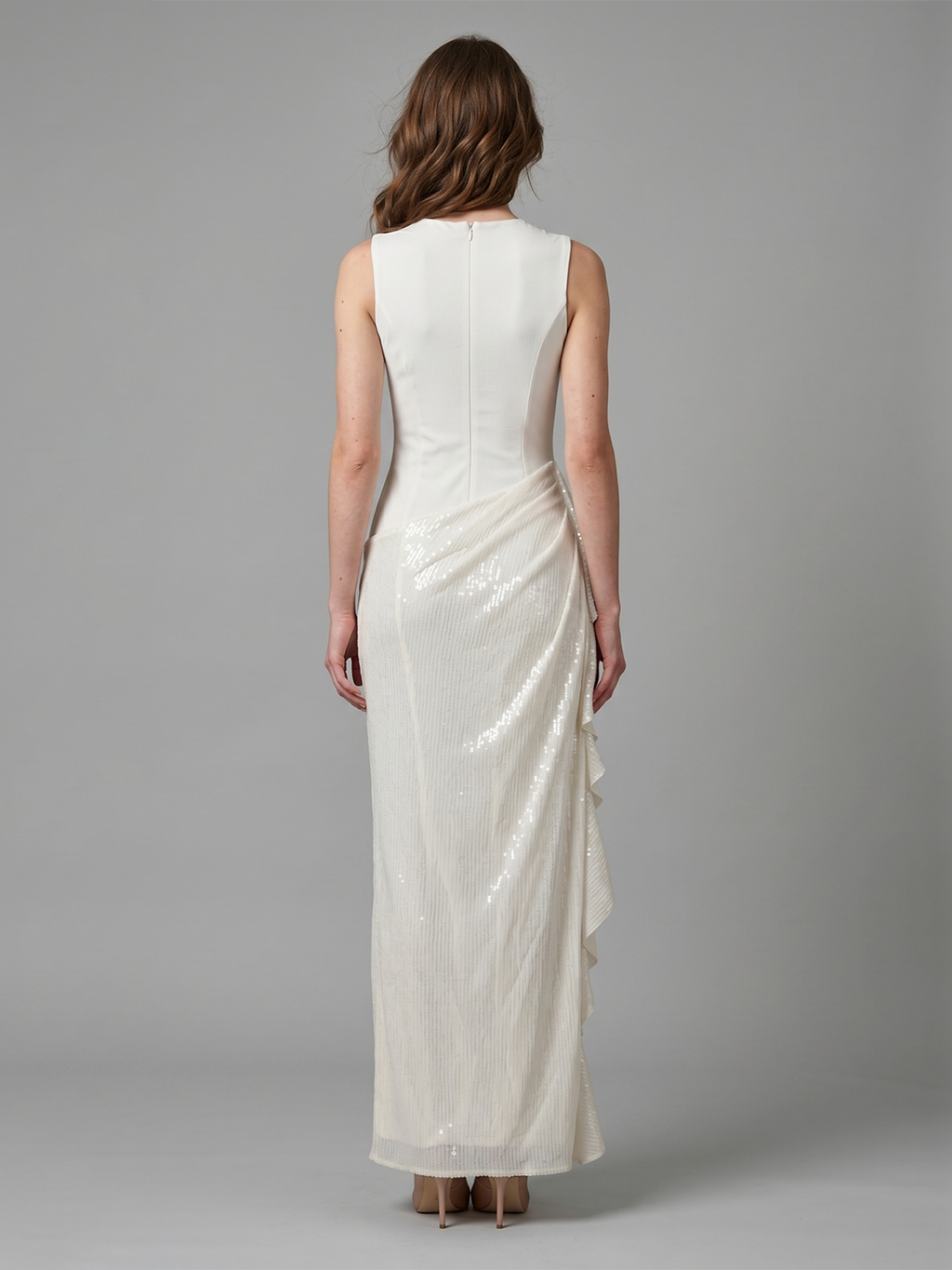 Ivory Stretch Knit Sheath Scoop Neck Back Zip Floor-Length Pleated Bridesmaid Dress